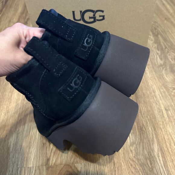 UGG black suede wool platform heeled ankle boots booties shoes women’s 8 new - Picture 5 of 7